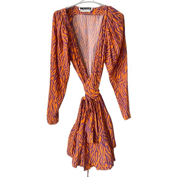 ROTATE Birger Christensen Zebra Print Wrap Mini Dress V Cut Tie Waist SZ 38 - Picture 2 of 8